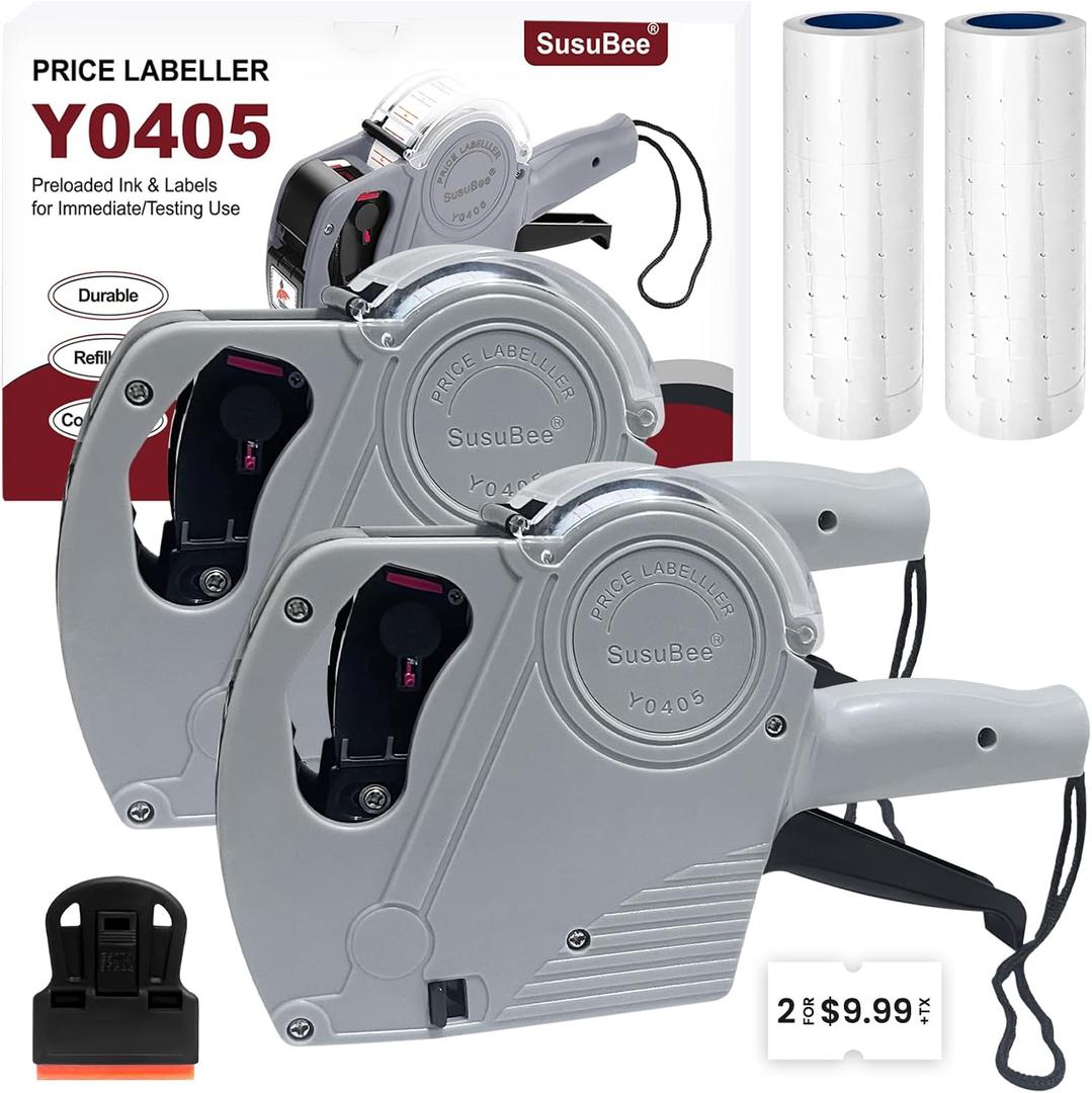 2 Pack Price Gun - 1 Line Label Pricing Gun with 10,000pcs White Labels Handheld Date Code Prices Labels Maker with Pre-Loaded Inks & Label Remover for Retails, Yard Sales, Groceries, Supermarket