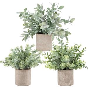 Der Rose 3 Pack Mini Potted Fake Plants Artificial Plastic Eucalyptus Plants Topiaries for Home Office Desk Farmhouse Room Bathroom Decor (Grey)