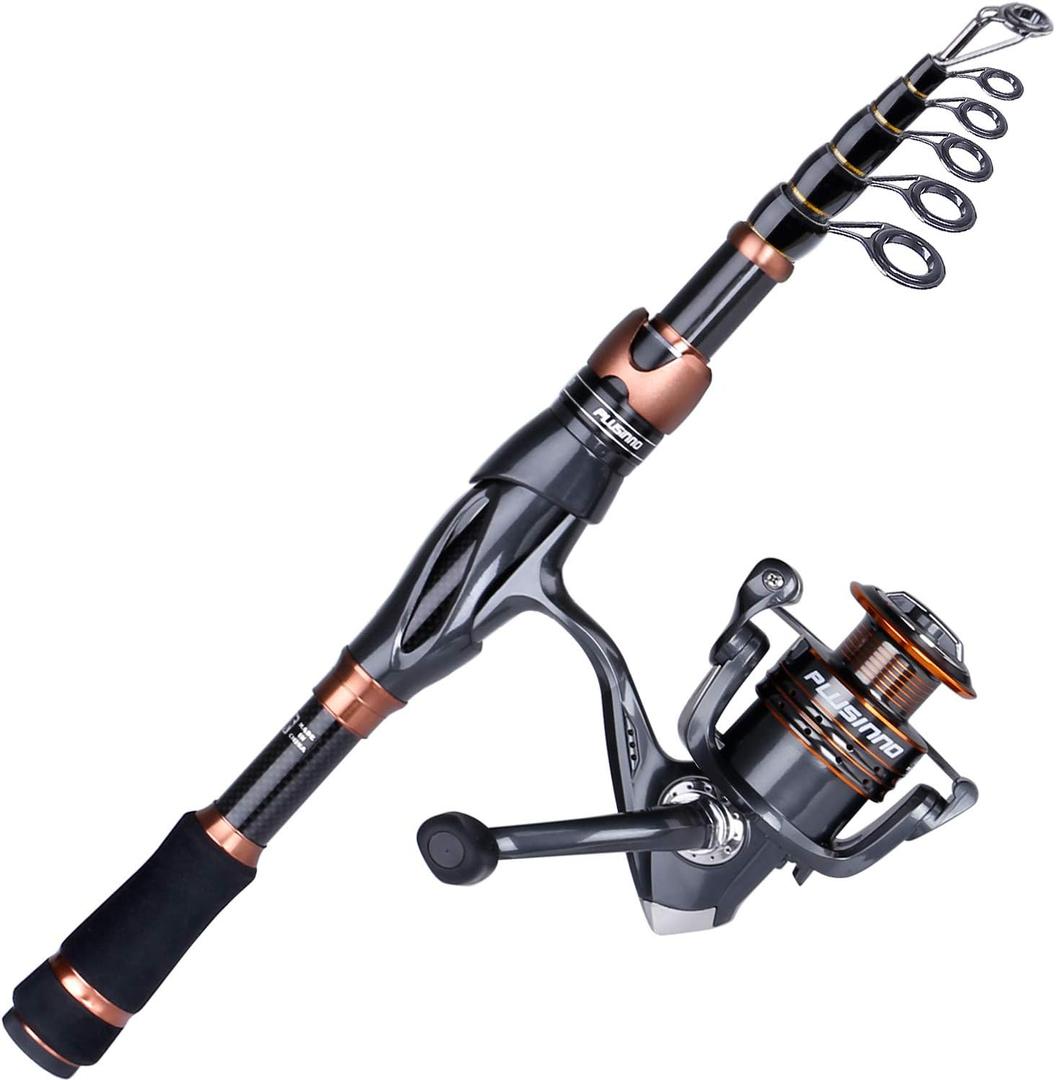 PLUSINNO Fishing Rod and Reel Combos, Bronze Warrior Toray IM6 Carbon Matrix Telescopic Fishing Rod Pole, 12 +1 Shielded Bearings Stainless Steel BB Spinning Reel, Travel Freshwater Fishing Gear