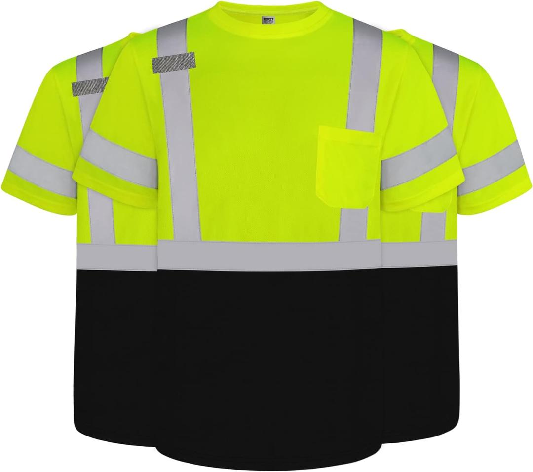 TCCFCCT High Visibility Shirts for Men Class 3 Construction Shirts with Pocket, Hi Vis Reflective Safety Work Shirts for Men Women, Short Sleeve with Black Bottom, Durable, DP-Yellow 3XL 3PCS