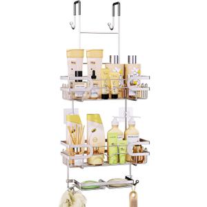 SWTYMIKI Over The Door Shower Caddy - Stainless Steel Hanging Shower Organizer With Soap Holder & 16 Hooks No Drilling Hanging Caddy Over Door To Organize Bathroom Essentials, Sand Nickel