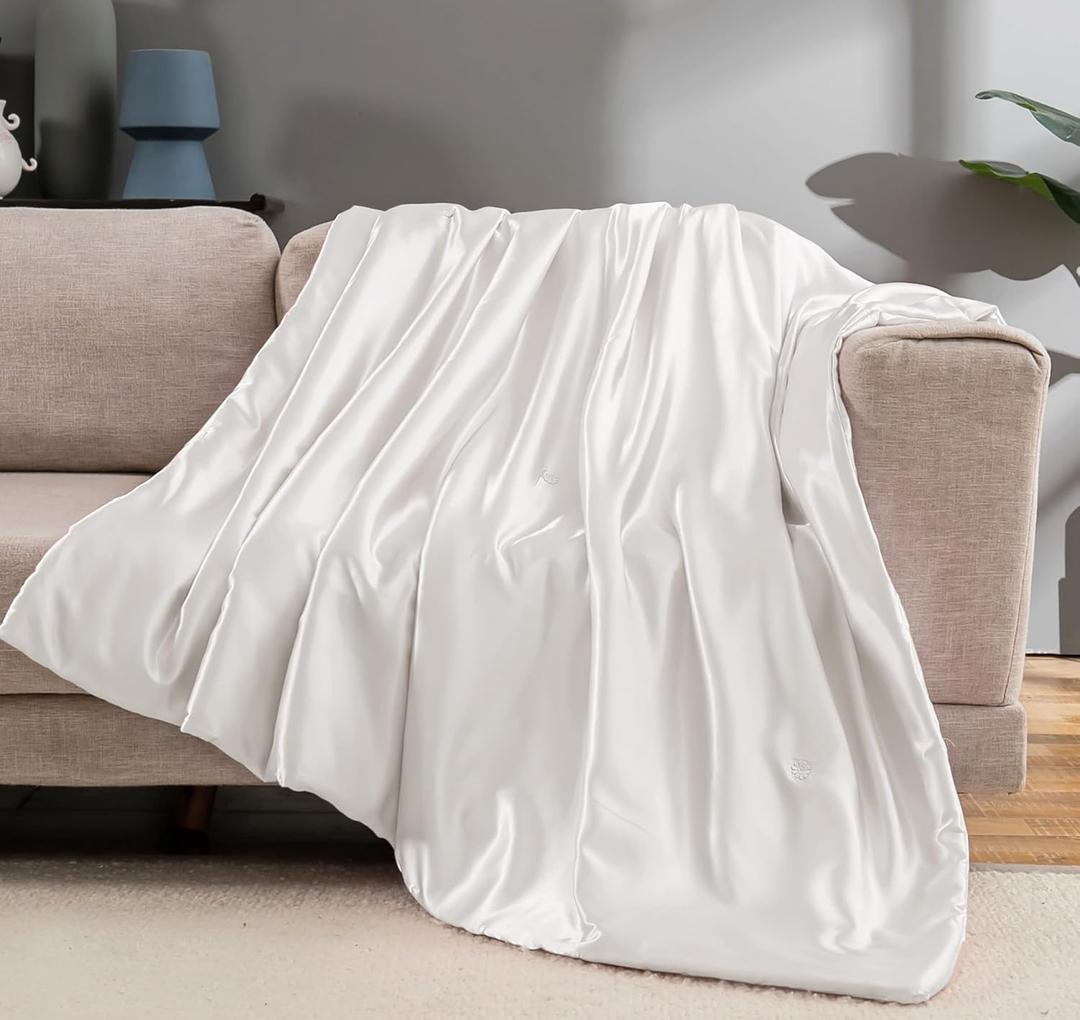 Vonty Satin Throw Blanket Ivory White Satin Blankets 90x90 Inches with Small Flowers, Cooling & Silky, Wrinkle-Free Cable Knit Big Size for Couch, Sofa, Bed, Outdoor