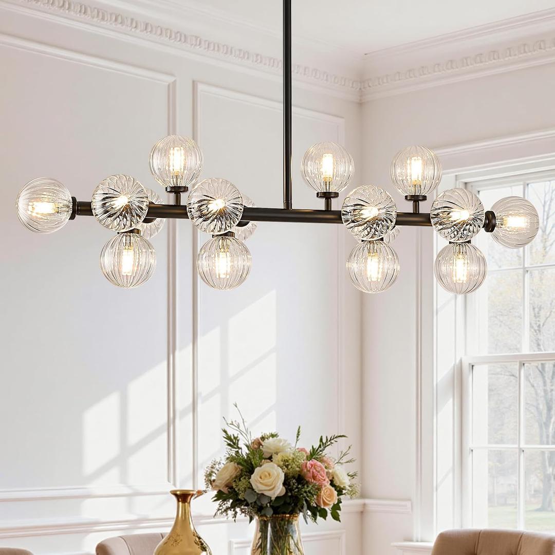 16-Light Glass Globe Sputnik Chandelier, Linear Dining Room Light Fixture Over Table, Mid Century Modern Black Chandelier for Living Dining Room, Kitchen Island Lighting (Clear Bubble, 40 Inch)