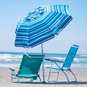 Tommy Bahama 6' UPF 50+ Tilt Beach Umbrella with Integrated Sand Anchor, Wind Vent, and Carry Bag, Blue and White