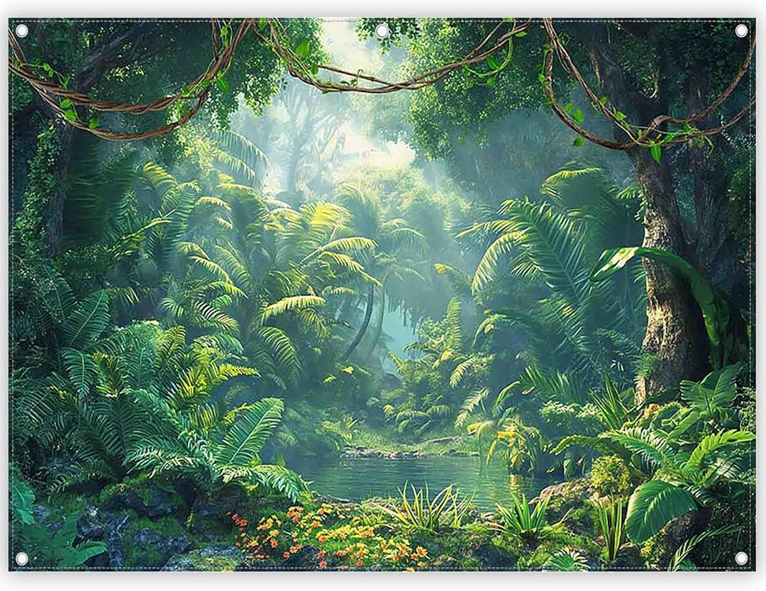 Fabric 8x6ft Jungle Forest Photography Backdrop Rainforest Tropical Natural Scenery River Background Summer Adventure Party Decorations Photo Banner Props