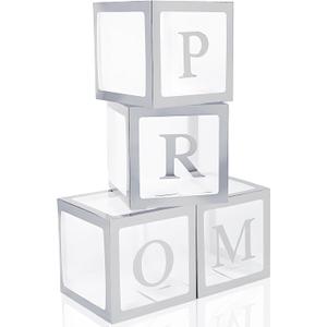 4 Pcs Prom Boxes with Letters 11.8 x 11.8 x 11.8 Inch Clear Balloon Boxes Transparent High School College Graduation Party Favors Supplies(Prom,Silver)