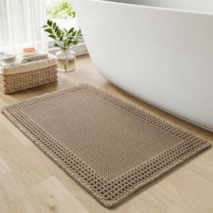 RESARE Waffle Bath Mat for Bathroom, Super Absorbent Bathroom Rugs Non Slip Machine Washable, Ultra Soft Quick Dry Boho Bath Rugs with Tassels for Floor, Upgraded Bordered Design, 18"x30" Brown