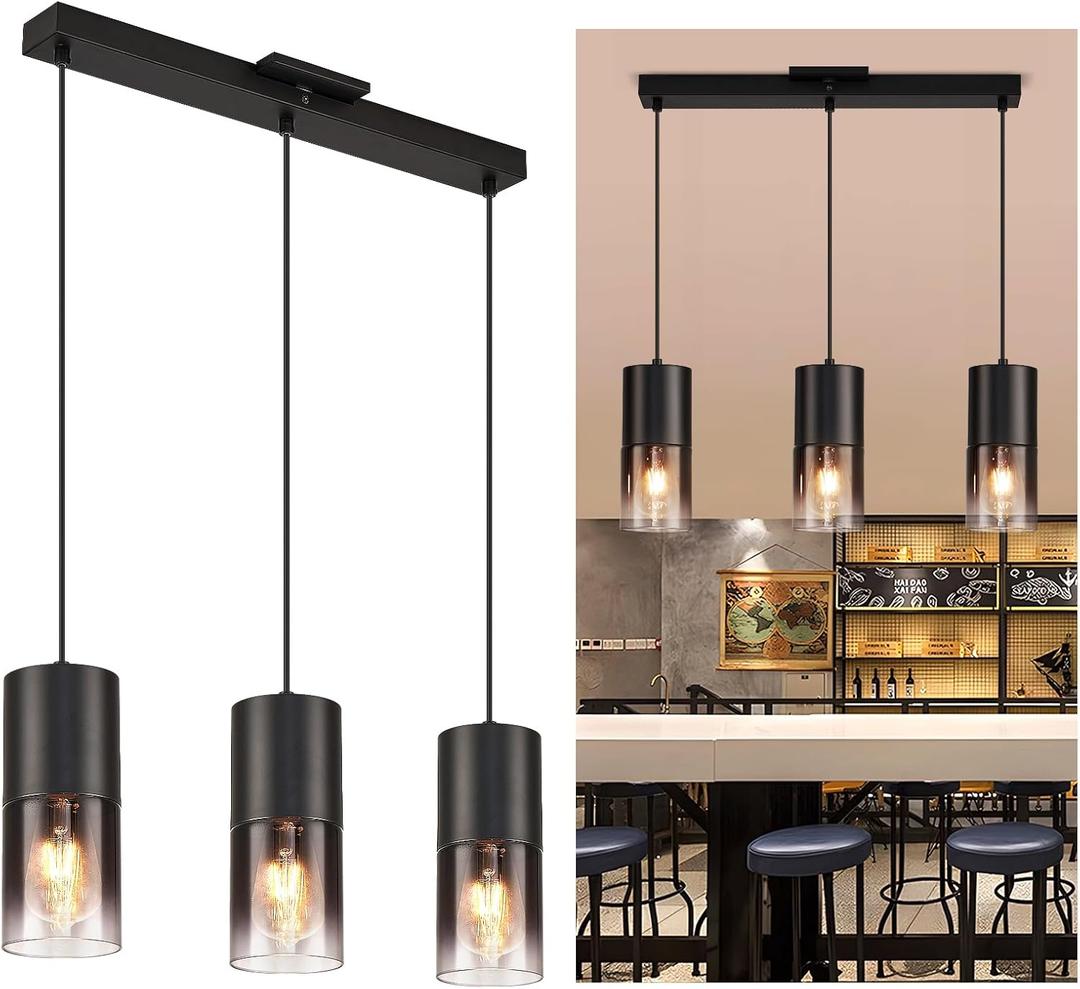 Black Kitchen Island Pendant Light Industrial Black Glass Pendant Lamp 3*E26 Bulbs Farmhouse Chandelier Fixtures with 59" Adjustable Cord