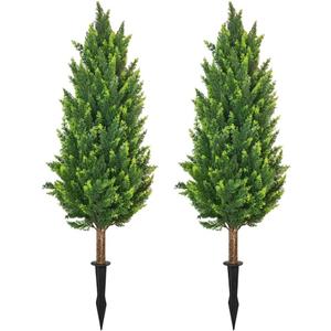 3.2Ft UV-Resistant Artificial Cedar Topiary Trees with Ground Spike, Set of 2 Faux Cypress Trees Artificial Shrubs Fake Pine Bushes for Indoor Outdoor Garden, Patio Decor