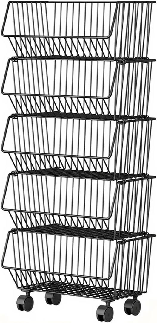 Wire Baskets Organization with Rollers for Kitchen and Home Storage, Vegetable Fruits Metal Basket for Countertop and Corner, Wire Basket Storage Bins for Space Utilization, Durable, 5 Tiers