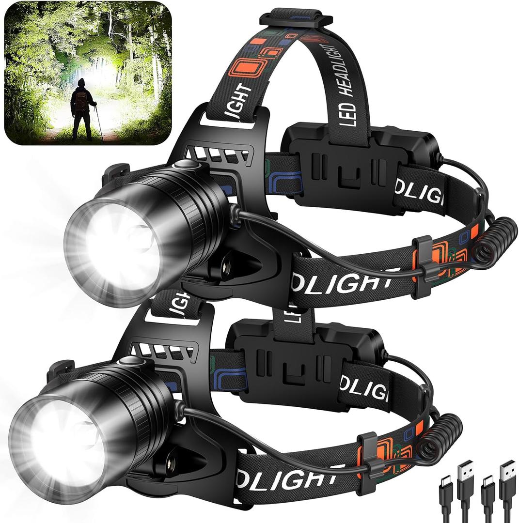 Rechargeable Led Headlamp 2Pack, 99000 Lumen Super Bright Head Lamp with 3 Modes & 90 Adjustable, Brightest Headlamp 30H Long Runtime, Powerful Waterproof Headlamps for Adults Camping (Medium)