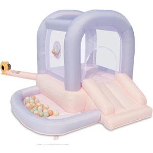 Bounceland Mini Bouncer Cotton Candy with Ball Pit, 6ft L x 6ft W x 4.6ft H inflated Size, UL Blower Included, Basketball Hoop, 30 Pastel Plastic Balls, Trendy Bouncer for Kids
