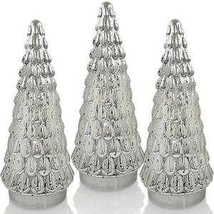 Silver Tabletop Christmas Tree 3pcs, Small Mercury Glass Christmas Trees with Light, Battery Operated Mini Xmas Tree for Fireplace Bathroom Decor 10"