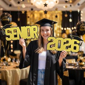 3 x Xuhal 2 Pcs 2026 Senior Sign Glitter Senior 2026 Photo Props Gold and Black 3D Graduation Decorations Grad Night Party Photoshoot Supplies School Graduate Decorations