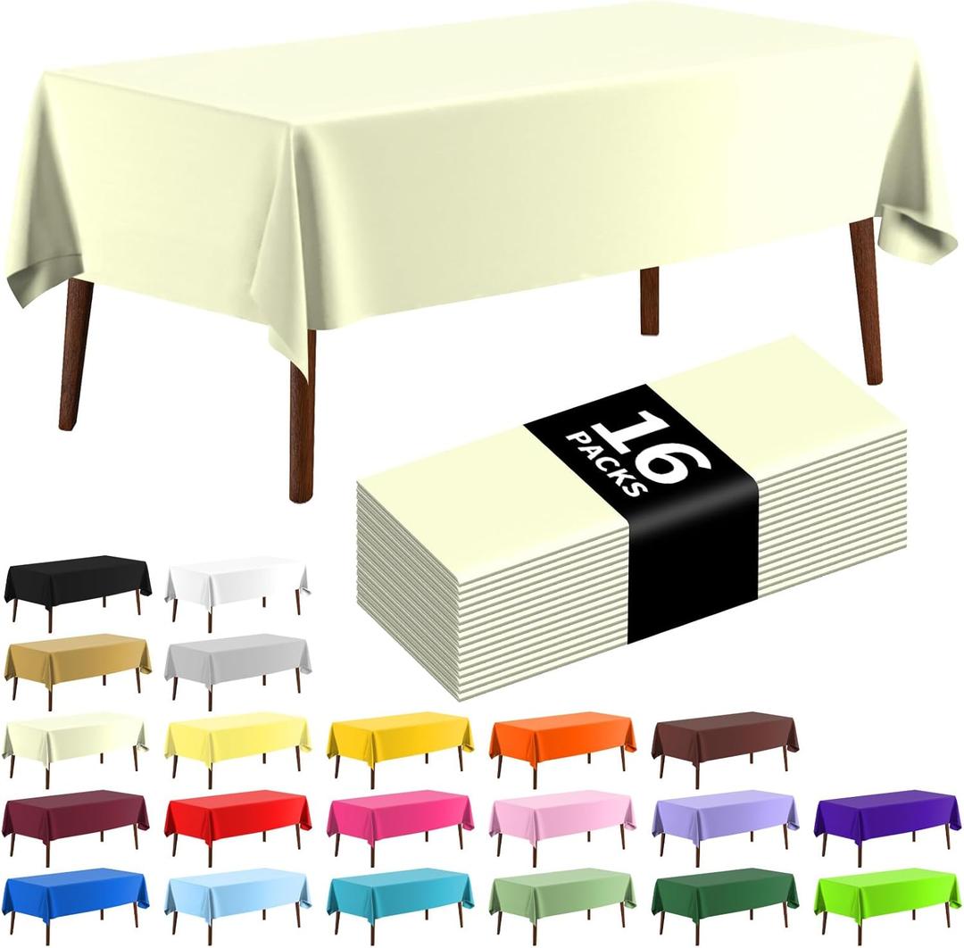 CXPSINC Plastic Tablecloth 54" x 108"Disposable Tablecloth Rectangle Plastic Table Cover for 6 to 8 Foot Tables Indoor or Outdoor Parties Birthdays Christmas (Beige, 16 Pack)