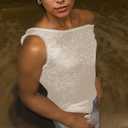 Women Sexy Fishnet Knit Glittering Scoop Neck Crop Tank Going Out Top Sheer Mesh Solid Slim Cropped Vest Cami Tops, Apricot Small
