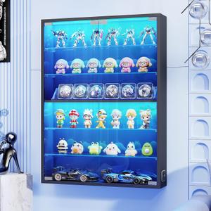6-Tier Wall Display Case with Glass Doors, LED Sports Card Display Case with Adjustable Glass Shelves, Shot Glass Display Case for Collectibles, Display Cabinet for Trading Cards, Black