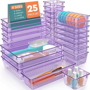 25 PCS Plastic Drawer Organizer Set, 4-Size Versatile Organizer Trays & storage Bins for Makeup, Jewelry, and Gadgets in Bathroom, Bedroom and Office,Clear Purple