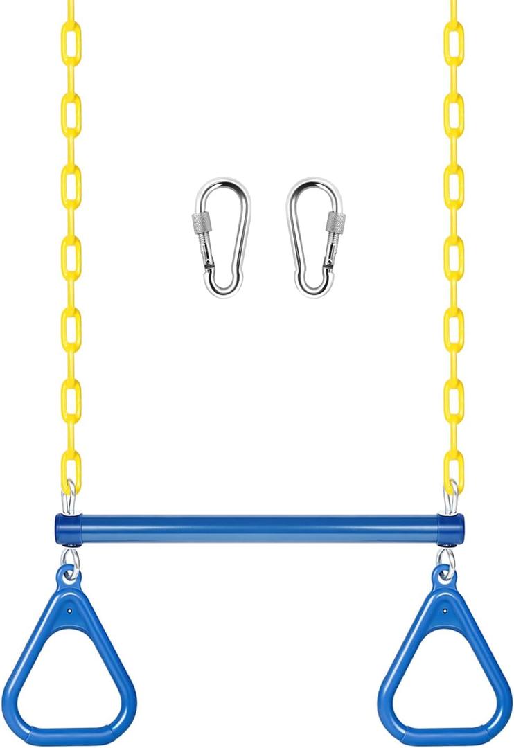 LadyRosian 17" Trapeze Bar Swing Set Gym Rings 47" Heavy Duty Chain Swing Set Accessories with Locking Carabiners Plastic Coated Chains Monkey Bars for Backyard, Playroom (Blue)