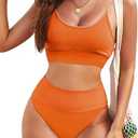 Herseas 2 Piece High Waisted Bikini Set Crop Top Swim Suit for Women 2026 Full Coverage Best Bathing Suits Beach Vacation Clothes Swimwear Cruise Essential Orange X-Large