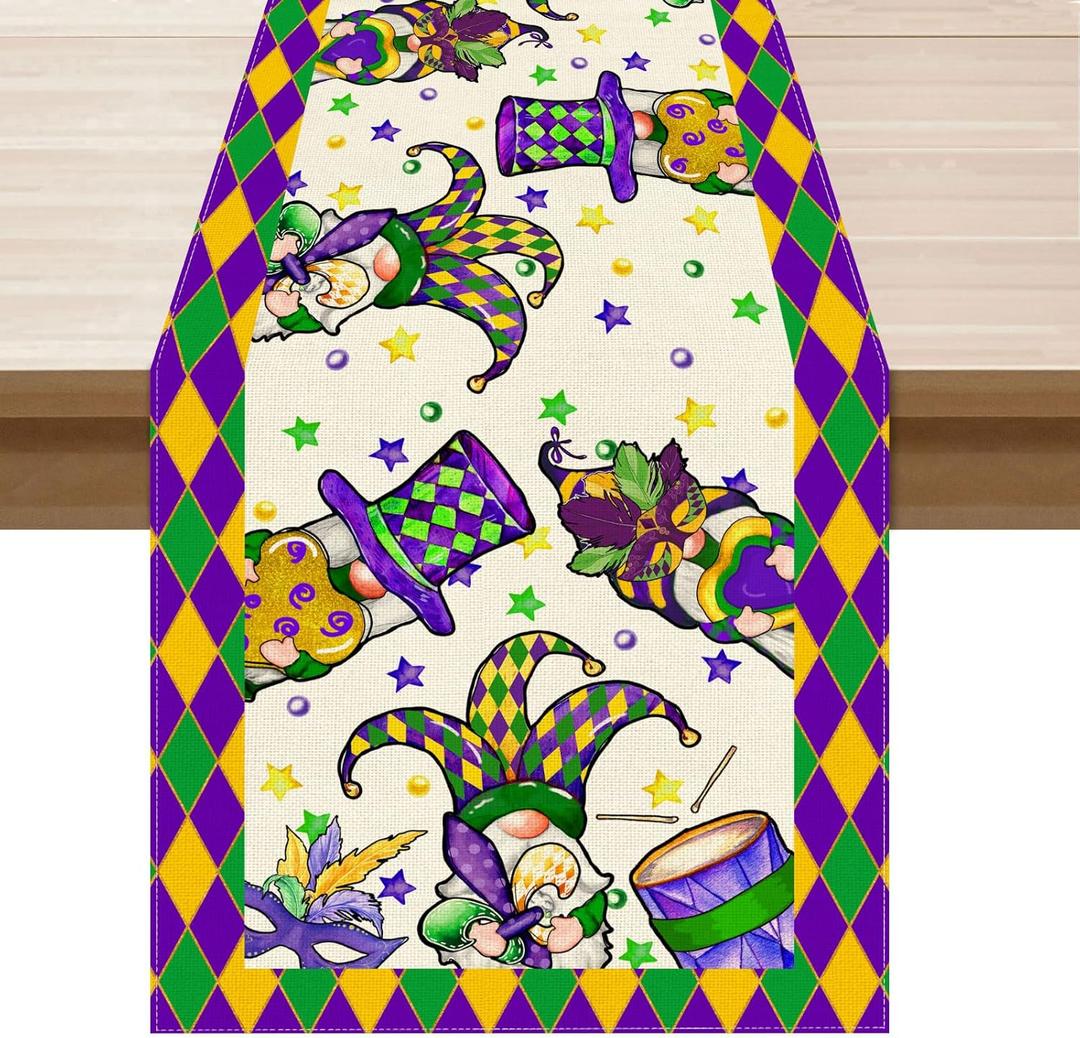 2 x XCHI Hats Gnomes Masks Fleur De Lis Mardi Gras Table Runner Carnival Table Decoration for Masquerade Party Home Kitchen Dining Holiday Decor 13x72 Inch