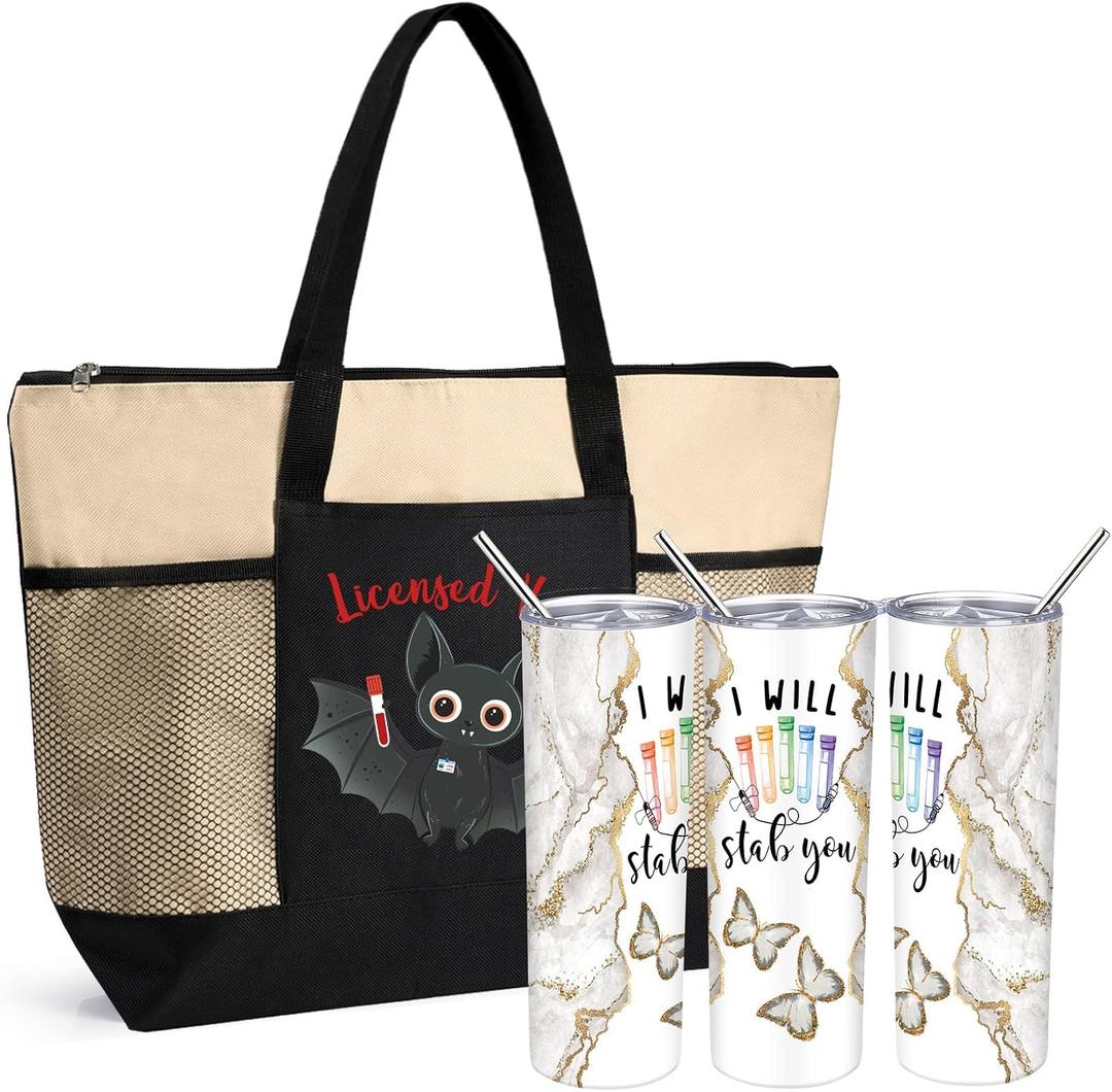 Buryeah 2 Pcs Nurse Appreciation Week Gifts I Will Stab You 20 oz Marble Tumbler Lid Large Tote Bag with Mesh Pockets Thank You for Nurse Doctors Day Gift(Khaki)
