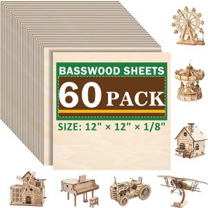 60 Pack Basswood Sheets for Laser Cutting, 12 x 12 x 1/8 Inch, Unfinished Squares Wood Sheets for Crafts - Smooth Surface Plywood for Wood Burning, Engraving, Architectural Models, Painting & Staining