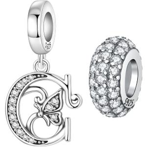 2 Pack 925 Sterling Silver Butterfly Letter Charms for Bracelets and Necklace Alphabet Initial Dangle Pendants Round Spacer Beads Pave Cubic Zirconia Jewelry Gift for Women