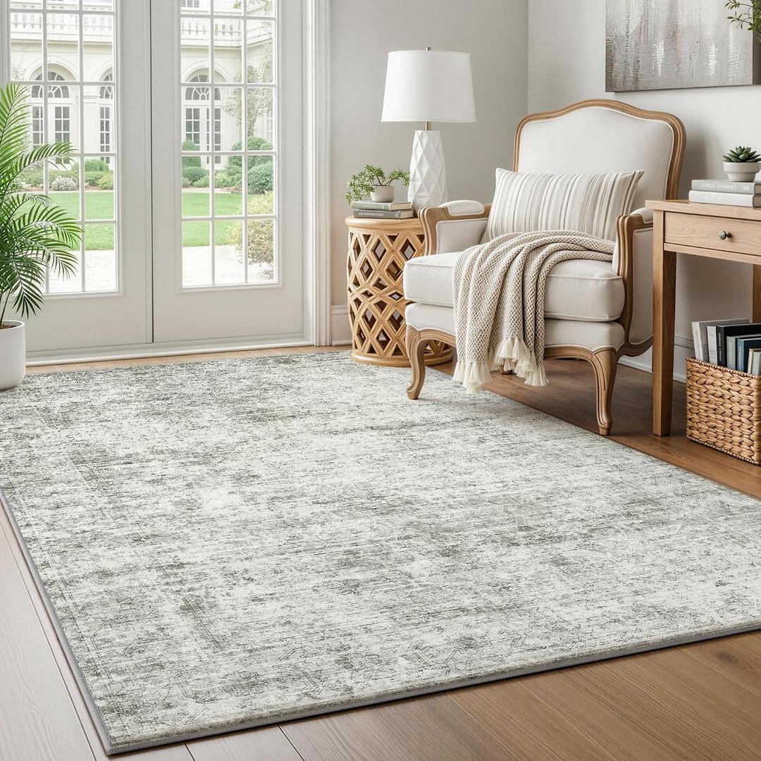 LIVELYGLOW 4x6 Washable Area Rug for Living Room Bedroom, Retro Printed Traditional Vintage Rug, Non-Slip Foldable Large Carpet for Dining Room Home Decor, Grey