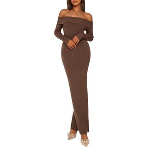 PRETTYGARDEN Womens Fall Sweater Dress 2026 Long Sleeve Off Shoulder Slit Maxi Bodycon Cocktail Party Dresses Spring Fashion (Medium, Dark Brown)