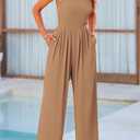 PRETTYGARDEN Womens Summer Jumpsuits Dressy Casual One Piece Outfits Sleeveless Mock Neck Wide Leg Pants Rompers with Pockets (Brown, S)