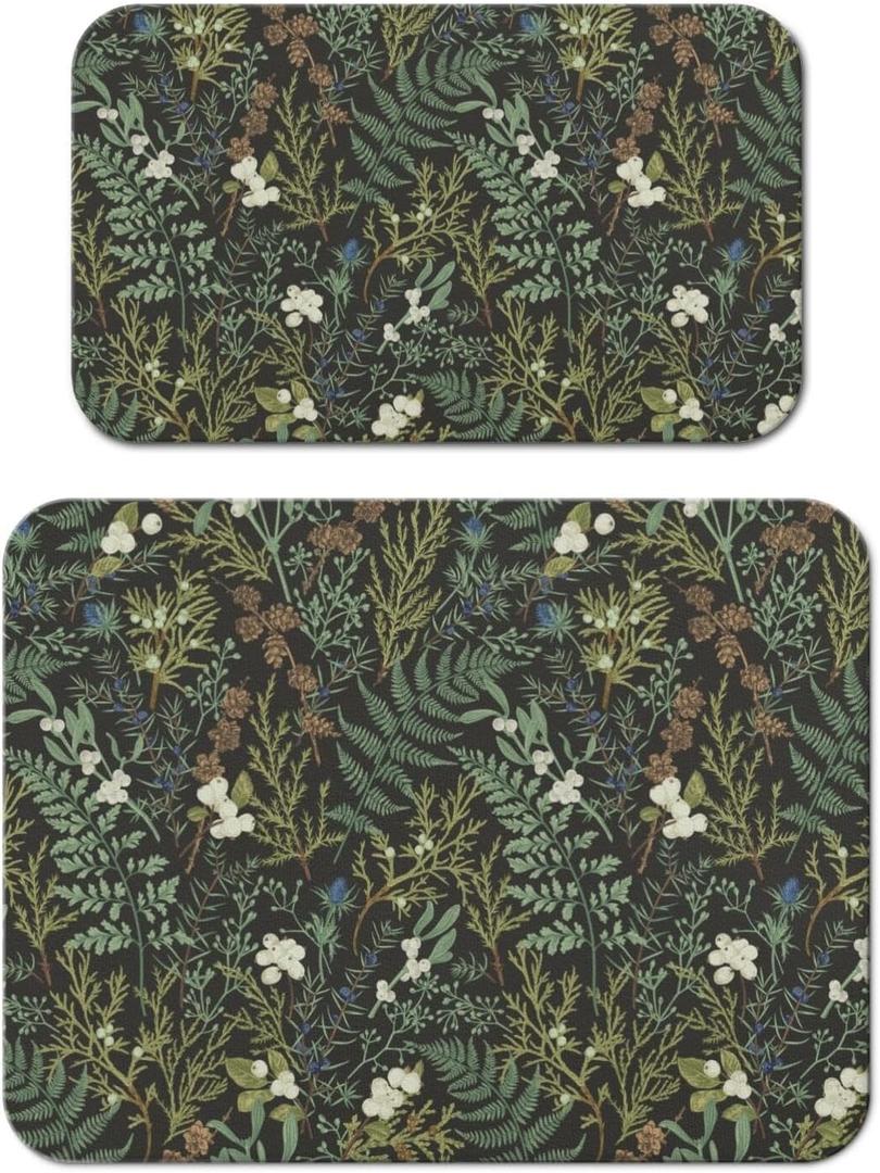 Dish Drying Mat for Kitchen Counter 2 Pack with Non-Slip Rubber Backing - Heat-Resistant Absorbent Coffee Bar Mat, Dish Rack Mat, Green Plants Dish Drying Mats 18x24+19.5x12 inch