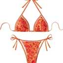 WDIRARA Women's 2 Piece Boho Swimsuits Floral Print Halter String Triangle Bikini Set Beach Bathing Suit (Orange Multicolor), S