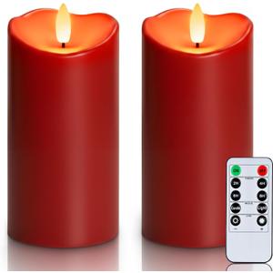Homemory Burgundy Flameless Candles, Waterproof Flickering Candles, Outdoor Battery Operated LED Pillar Candles with Remote Timer, Electric Fake Plastic Candles, Red, Christmas Decor, 3" x 6"