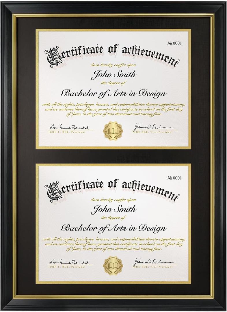 Double Diploma Frame 14x20, Display Two 8.5x11 Degree, Certificates, Documents, Tempered Glass with Acid-Free Black over Gold Mat, Dual Diploma Frame for Graduation, Black with Gold Trim