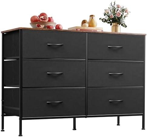WLIVE Wide Dresser with 6 Drawers, TV Stand for 50 Inches TV, Entertainment Center with Metal Frame, Wooden Top, Fabric Storage Dresser for Bedroom, Hallway, Entryway, Black and Rustic Brown WLIVE Wide Dresser with 6 Drawers, TV Stand for 50 Inches TV, Entertainment Center with Metal Frame, Wooden Top, Fabric Storage Dresser for Bedroom, Hallway, Entryway, Black and Rustic Brown