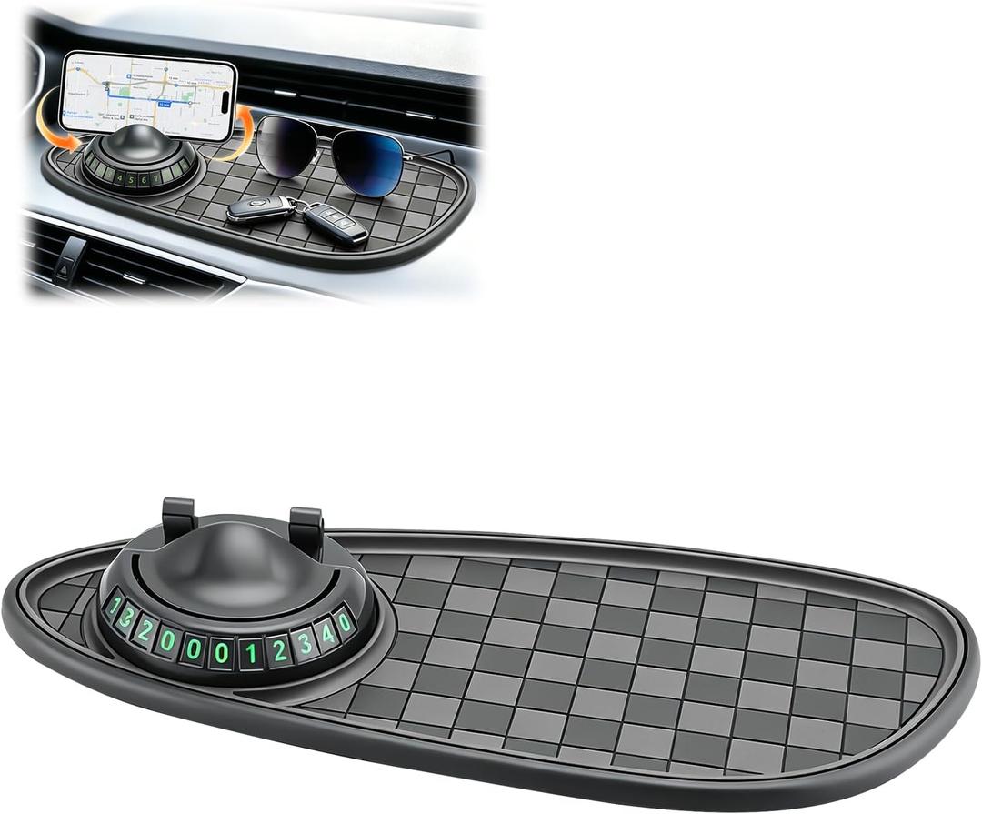 Multifunctional Car Anti-Slip Mat, 360 Rotatable Car Anti Slip Mat Phone Holder, Universal Dashboard Pad with Temporary Parking Number, Dashboard Accessories for Sunglass Chapstick (Black Gray)