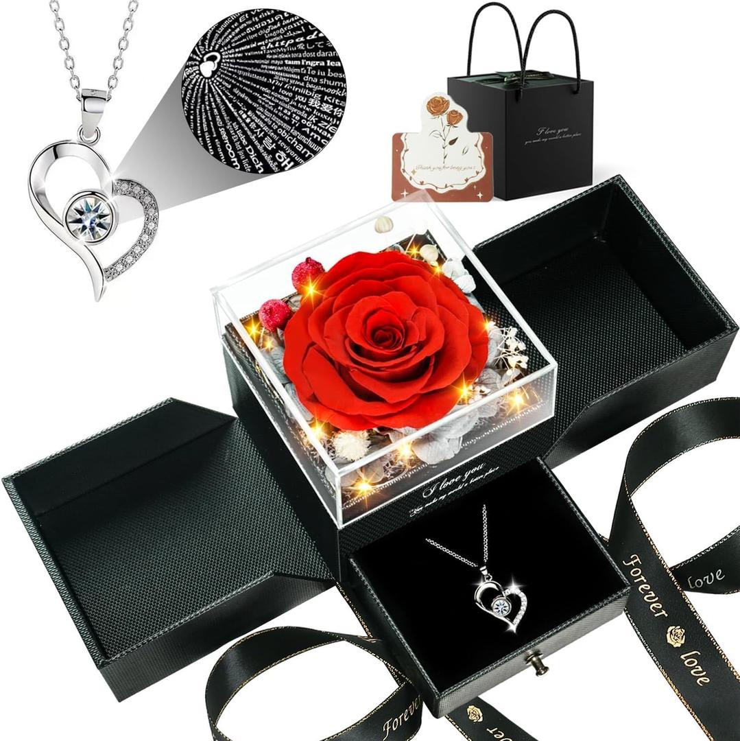 Preserved Real Rose with Heart Necklace  I Love You in 100 Languages, Forever Romantic Anniversary Valentines Day Gifts for Her, Wife, Girlfriend (Red)