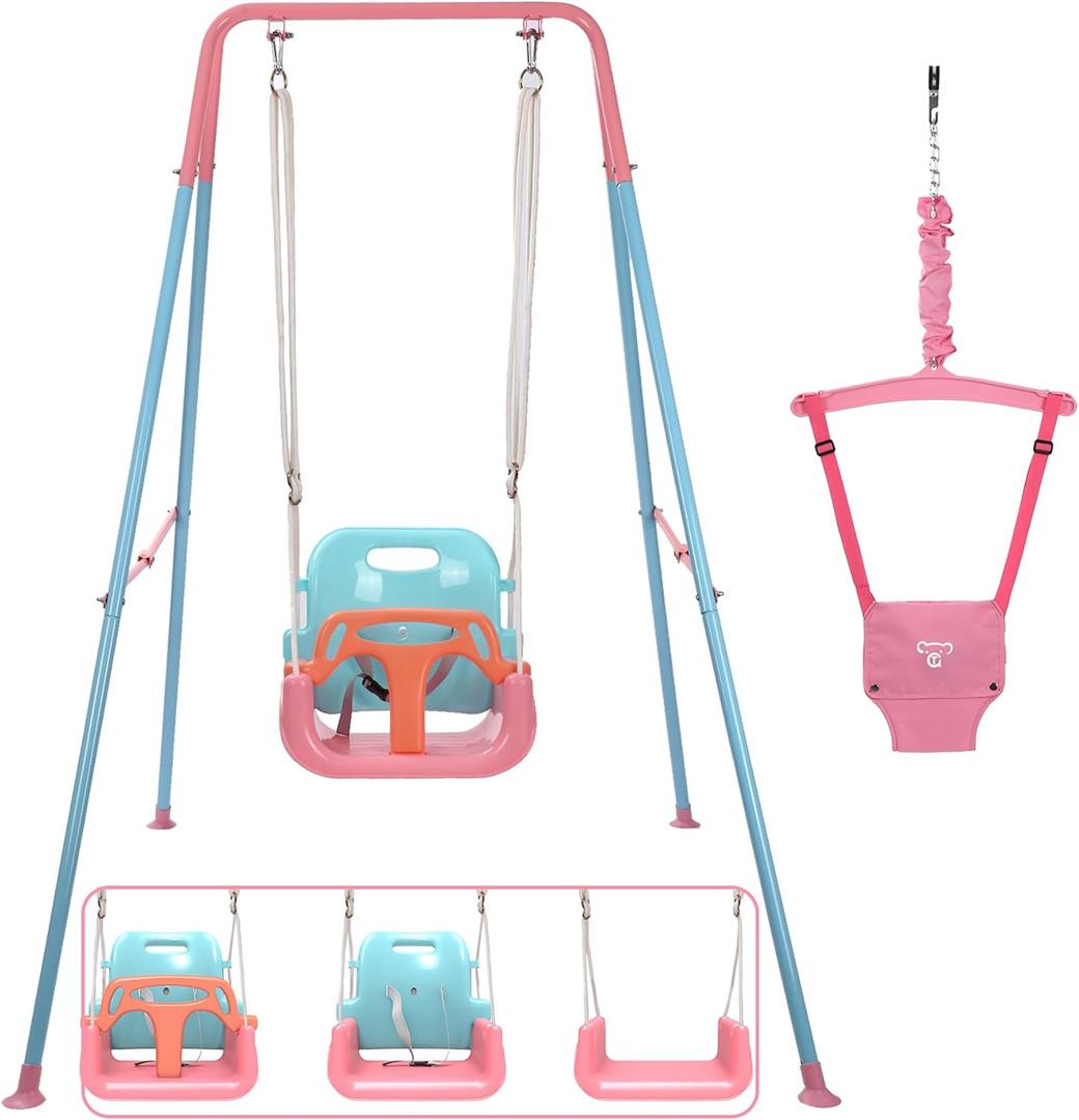 2 in 1 Toddler Swing Jumper, Swing Set for Indoor/Outdoor, Baby Jumpers and Bouncers, Easy to Assemble & Store, Suitable for Children 6 Months and Older (Pink)