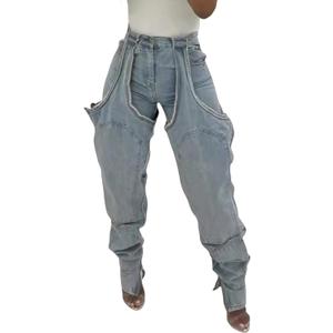 Vakkest Women's Baggy Denim Jeans Patchwwork Pants High Cutout Straight Wide Leg Stretchy Ripped Pants Y2K Streetwear (X-Large, Dark Blue)