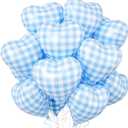 Blue White Checkered Heart Balloons, 10 Pcs Light Blue Grid Heart Shape Balloon, 18 Inch Lattice Foil Valentines Balloons for Kids Boys Birthday Wedding Valentines Bridal Baby Shower Party Decorations