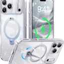 CASEKOO Clear Pearl Sparkle 360 Spin Magnetic Stand for iPhone 17 Pro Case for Women, Fit for MagSafe, 17FT Drop Protection, Chic Design for 17 Pro Case with Stand, Sparkle Clear