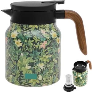 1000ml Vintage Floral Pattern Tea, Thermal Tea Pot with Handle and Built in Infuser, Stainless Steel Insulated Tea Kettle, Vacuum Coffee Carafe, Flower Pattern Insulated Infuser Pot(Green)