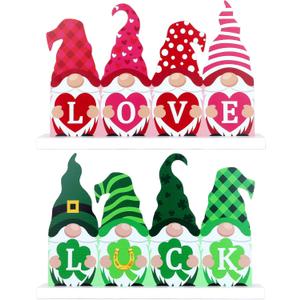 Reversible Valentines Day Decoration/St Patricks Day Decorations Wooden Sign, Double-sided Festive Gnomes LOVE LUCK Wooden Sign Valentines Day Table Centerpiece for Home Mantle Shelf Office Decor