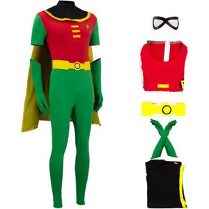 Robin Costume Adult Superhero Halloween Cosplay Jumpsuit Cloak Gloves Belt with Eye Mask Set (3X-Large, Green)