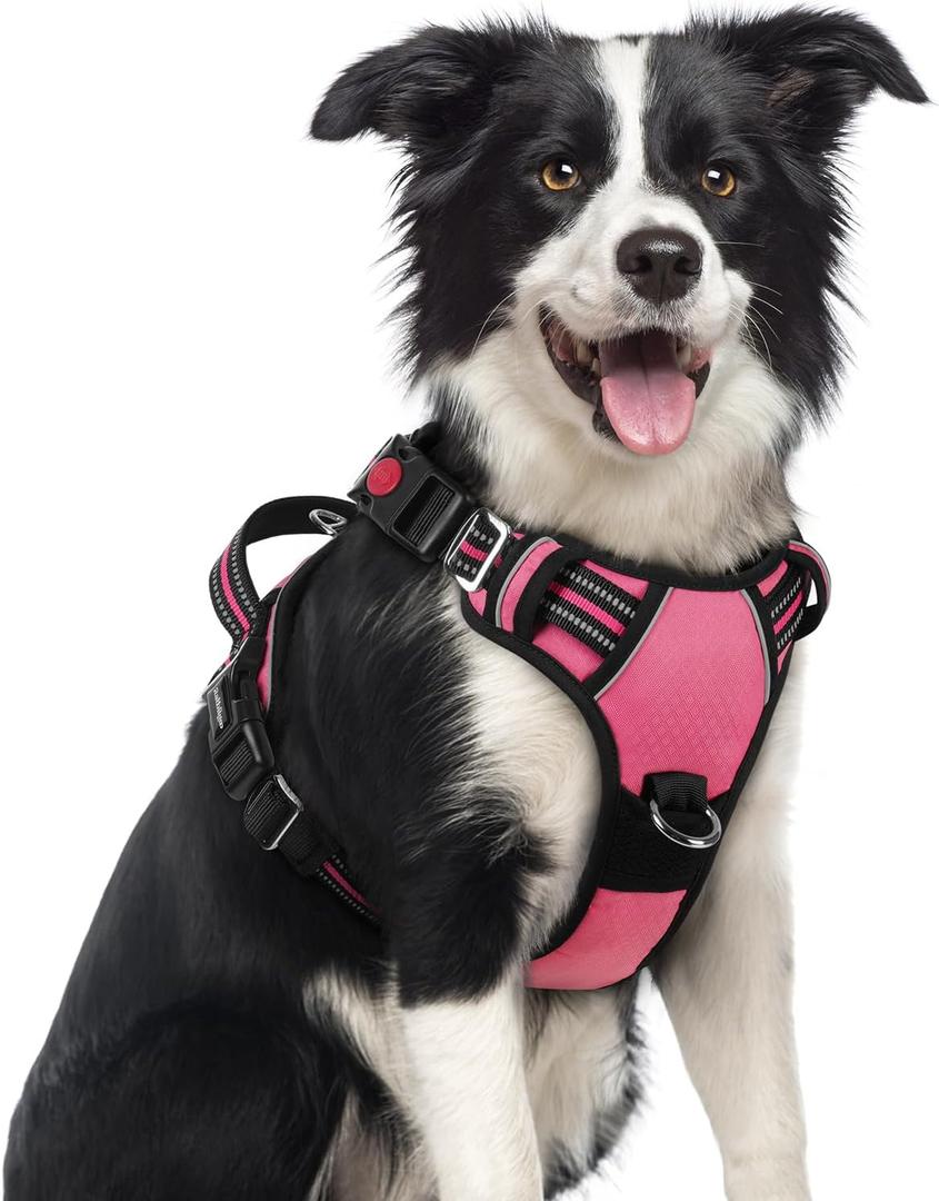 Rabbitgoo Dog Harness Medium Sized, No Pull Dog Vest with 3 Buckles, Adjustable Soft Padded Pet Harness with Easy Control Handle and Reflective Strips, Pink, M