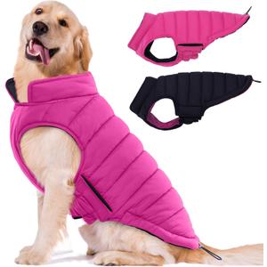 Lelepet Reversible Dog Coat Waterproof Dog Jacket Windproof Puffer Vest for Winter Warm Lightweight Coats for Medium Dogs Adjustbale Hook & Loop Pet Apparel with Leash Hole, French Bulldog, Rose Red Large