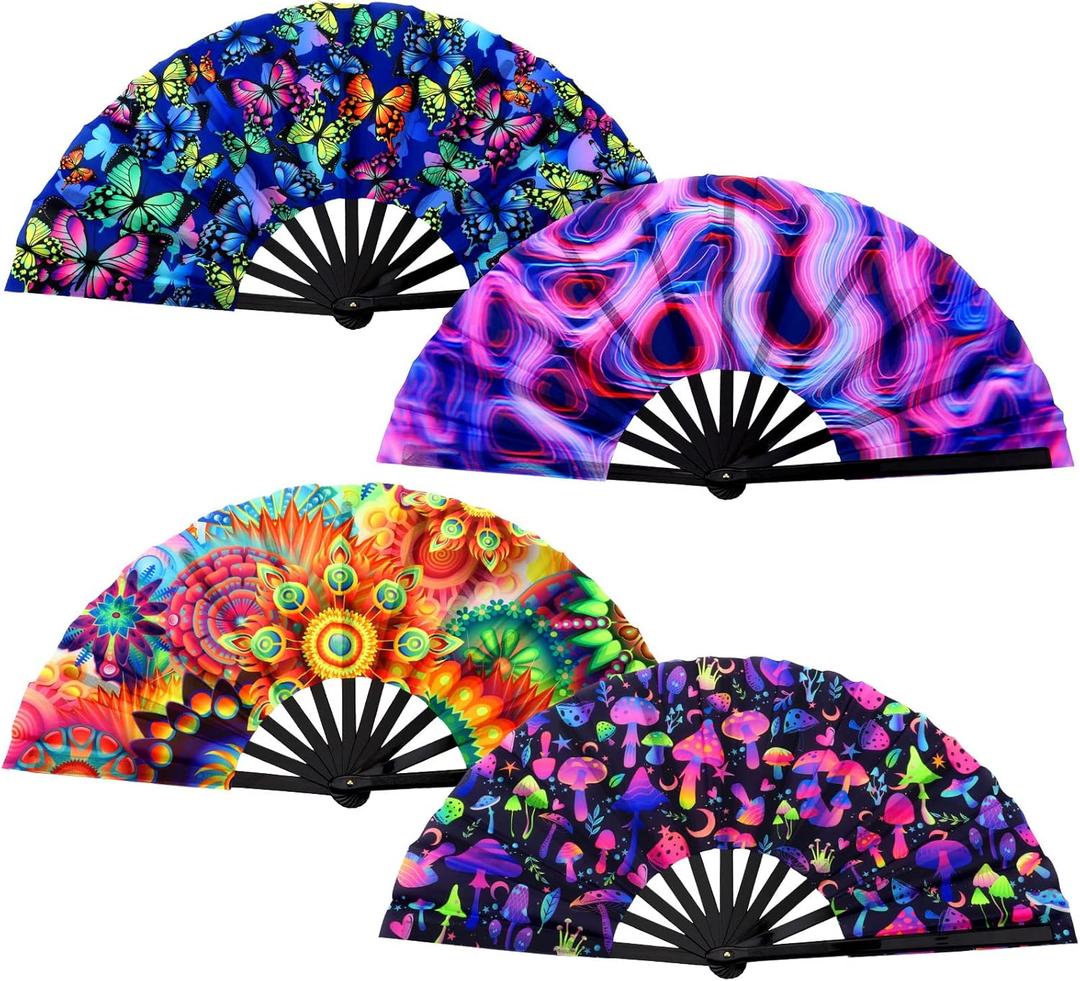 BBTO 4 Pcs Clap Fans for Line Dancing UV Glow Large Folding Hand Rave Fan Men Women Chinese Japanese Bamboo Clack Hand Fan for EDM Music Festival Club Party Dance Gift, 4 Styles, 25" (Fresh) 