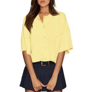 Cicy Bell Womens Half Sleeve Cardigan Sweaters Cropped Button Down Tops Oversized Lightweight Ribbed Knit Summer Outfits (Yellow, M)