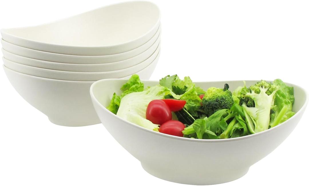 JOYMAY Oval Salad Bowls Set, 34oz Serving Bowls for Kitchen 8.8" Large Bowls for Soup, Oatmeal, Pasta, Snacks, Deep Soup Bowls Set for Salad, Fruit, Vegetable, Ramen, 6PC (White)